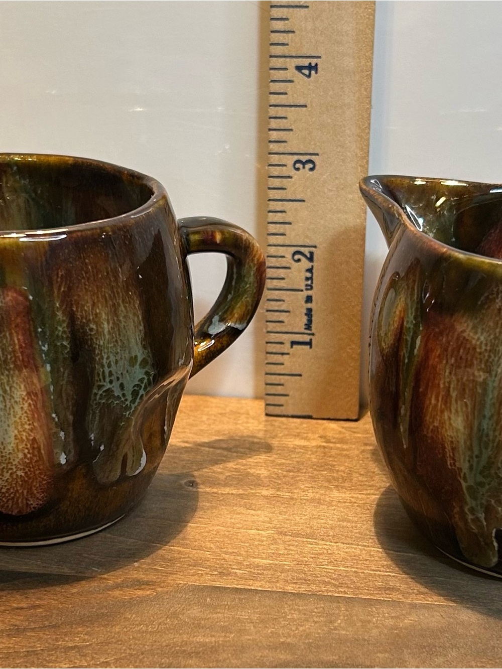 Vintage Dryden Pottery Creamer & Sugar Brown/Green Drip Glazed